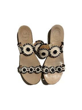 Jack Rogers Beige and Black Whipstitch Slide Sandals